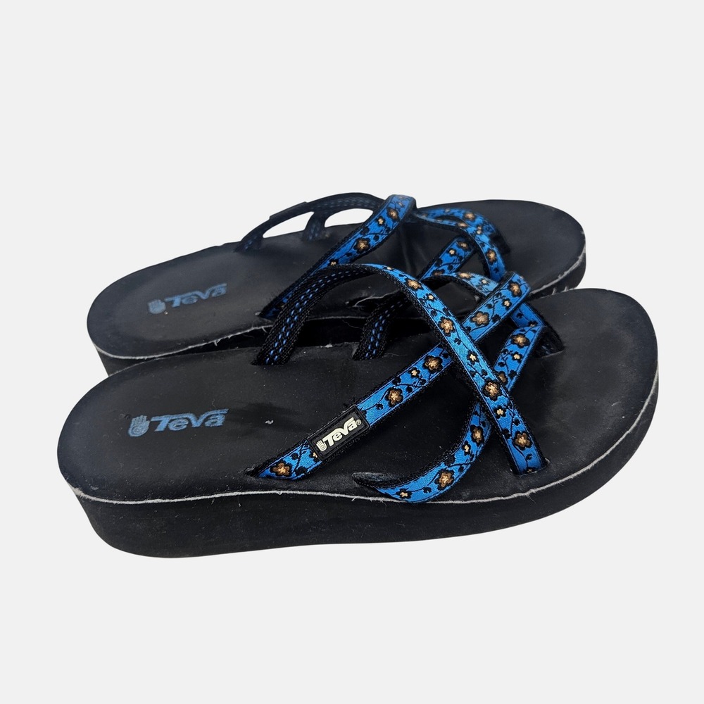 Teva Mush Platform Sandals Womens 6 Black Blue Floral Strappy Wedge Flip Flops